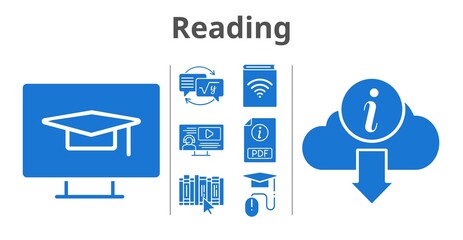 reading set. included audiobook, pdf, instructor, homework, book, elearning, information, student-desktop icons. filled styles.