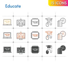 educate icon set. included chemistry, chip, student-laptop, test, elearning icons on white background. linear, bicolor, filled styles.