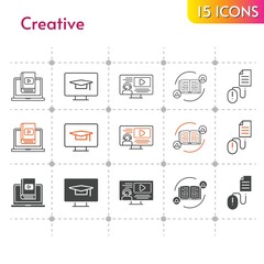 creative icon set. included feedback, instructor, learn, student-desktop, click icons on white background. linear, bicolor, filled styles.
