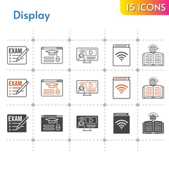 display icon set. included exam, audiobook, instructor, learning, login icons on white background. linear, bicolor, filled styles.