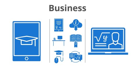business set. included tablet, professor, desktop, ebook, homework, elearning, student-tablet, information icons. filled styles.