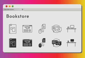 bookstore icon set. included desktop, homework, enter, login, click icons on white background. linear, filled styles.