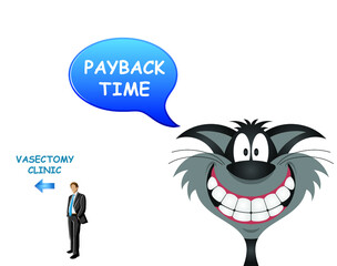 Comical male neutered cat payback time as his owner visits the clinic for a vasectomy isolated on white background