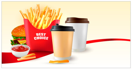 3d.Vector Potatoes French Fries.Burger. Hamburger.Vector realistic 3d illustration of black Coffee Cup.Cappuccino.Latte.Americano coffee.Bowl of tomato sauce.