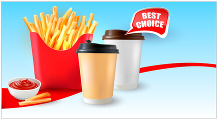 3d.Vector Potatoes French Fries.Meal of Fast Food.Fast Food french fries in paper pack. Vector realistic 3d illustration of black Coffee Cup.Cappuccino.Latte.Americano coffee.Bowl of tomato sauce.