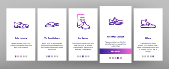 Shoes Footwear Shop Onboarding Mobile App Page Screen Vector. Different Shoes Sneaker And Moccasin, Slippers And Boots, Toe And Loafer Illustrations