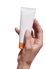 Handmodel Mockup Hände mit einer Creme Tube in der Hand freigestellt auf Weiß.