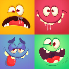 Cartoon monster faces set. Vector collection of four Halloween monster avatars with different face expressions. Isolated