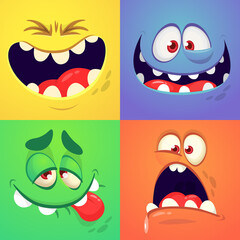 Naklejka premium Cartoon monster faces set. Vector collection of four Halloween monster avatars with different face expressions. Isolated