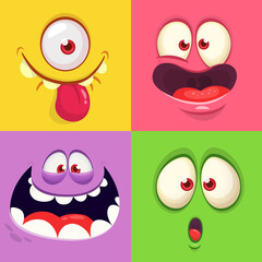 Cartoon monster faces set. Vector collection of four Halloween monster avatars with different face expressions. Isolated