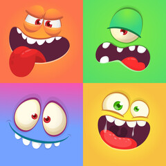 Cartoon monster faces set. Vector collection of four Halloween monster avatars with different face expressions. Isolated
