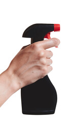 Handmodel Mockup Hände mit Putzmittel Reiniger freigestellt auf Weiß.