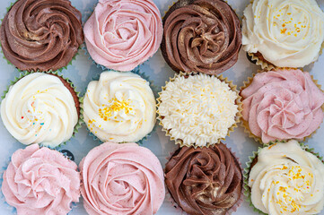 Home baked cupcakes beautifully decorated with buttercream on top neatly placed in carton transport container.