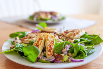 Fresh and healthy vegetable salad with chunks of grilled halloumi goat cheese on top.
