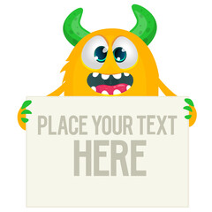 Catoon monster holding blank sign with sample message on it. Vector illustration isolated