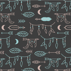 Seamless pattern with moon, feathers and arrows in boho style. Vector dark grey background for textile, fabric, paper.