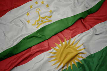 waving colorful flag of kurdistan and national flag of tajikistan.