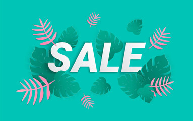 Obraz premium Vector sale banner with tropical leaves. Paper cut template design. Summer exotic background.