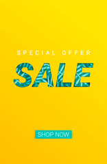 Vector sale banner with tropical leaves. Summer exotic background. Paper cut template design.