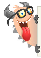 Catoon monster holding blank sign with sample message on it. Vector illustration isolated