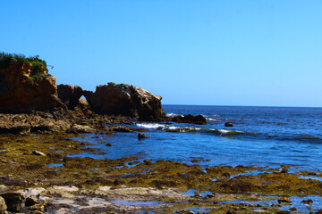 a gorgeous summer landscape at the beach with blue ocean water and waves crashing on the large...