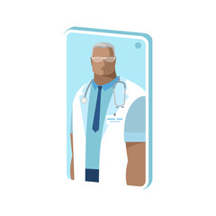 Doctor online concept. The doctor checks the health through the phone screen. Online medical clinic communication with the patient. Vector isometric illustration