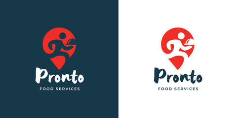 Local food delivery logo template design. Man running with meal dish icon. Restaurant deliver emblem. Catering company services sign. Vector illustration.