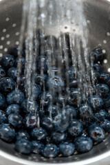 A handful of fresh and ripened bluberries in a colander being washed.