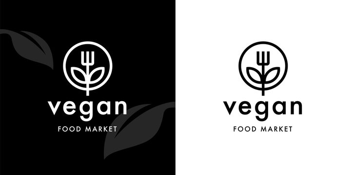 Modern Vegan friendly food market logo template with fork and leaf icon design. Plant based diet sign. Vector illustration.