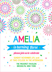 Cute birthday party invitation with abstract flowers fireworks. Vector illustration