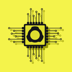 Computer chip circuit board icon. Isolated on yellow background. 
