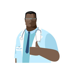 A male doctor shows a hand with a raised thumb, a class, OK, like. Vector image, avatar. Color isolated illustration, flat style