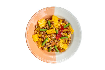 Corn papaya salad on isolated white background, spicy Thai food.