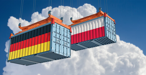 Freight containers with German and Poland flag. 3D Rendering 