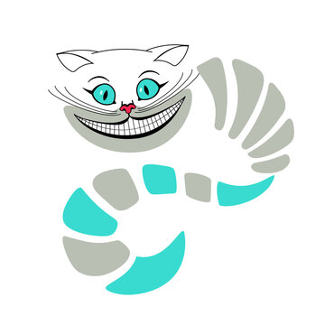Vector illustration of a Cheshire cat with a body and a tail. Alice in Wonderland. Cat face. The head of a cat with a large mustache. The Cheshire cat smiled. Flat.