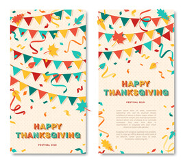 Happy Thanksgiving vertical card or banner with typography design. Vector illustration with retro light bulbs font, streamers, confetti and hanging flag garlands