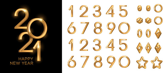 3d gold numbers set in vintage style. Vector illustration. Minimal invitation design for Christmas and New Year 2021 with retro elements circle, star and baubles, alphabet typeface glowing text
