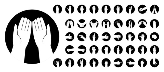 Set of hands with various gestures, circle icons. color vector illustration in a flat style. Isolated image on a white background