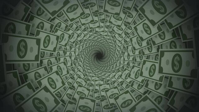 Abstract Background Dollar Bill Spiral Fly 3D Tunnel Looped Animation.