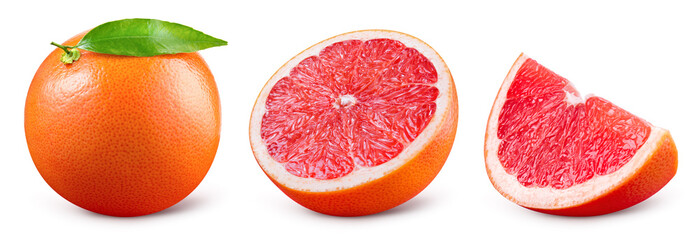 Grapefruit isolated. Pink grapefruit with leaf. Grapefruit whole, slice, half on white. Grapefruit...