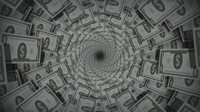 Abstract Dollar Bill Spiral 3D Tunnel Background Looped Animation.