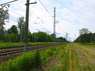 rails of the Moscow region railway in summer in Sunny weather