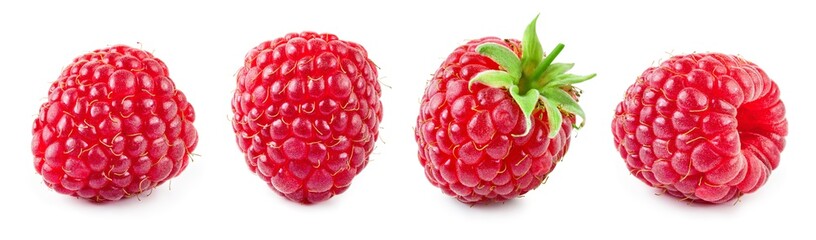 Raspberry isolated. Raspberries with leaf isolate. Raspberry with leaf isolated on white. Side view...
