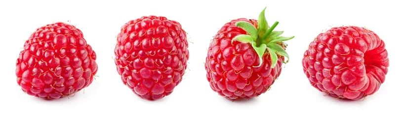 Poster Raspberry isolated. Raspberries with leaf isolate. Raspberry with leaf isolated on white. Side view raspberries set. © Tim UR
