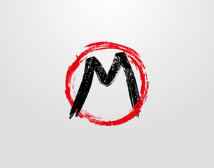 M Letter Logo With Red Circle Grunge Splatter Element. Retro M logo design template.