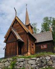 Fototapeta na wymiar Stave church in Norway (Garmo) standing in Maihaugen, Lillyhammer from the 1200s