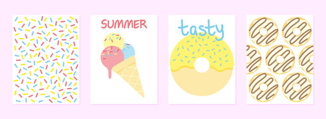 Set of four postcards with different colorful donuts. Donuts with toppings, ice cream, sprinkles.