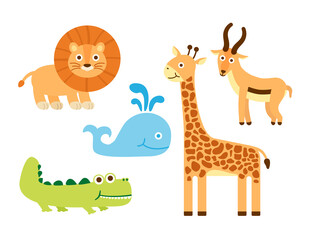 Naklejka premium Set of animals in cartoon style on a white background. Lion, antelope, whale, giraffe, alligator. Vector illustrations