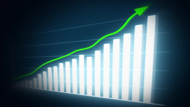 Business Growth And Success Arrow Infographics/ 4k animation of a business infographics with rising arrow and bar stats appearing, symbolizing growth and success, with glitch and noise digital effects