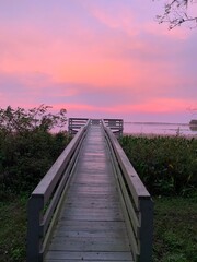 dock sunset, pink sky, dock, nature park